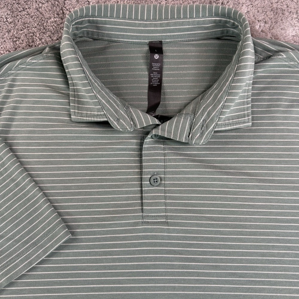 Lululemon Evolution Polo Shirt Mens Large Green Stripe Golf Performance Stretch